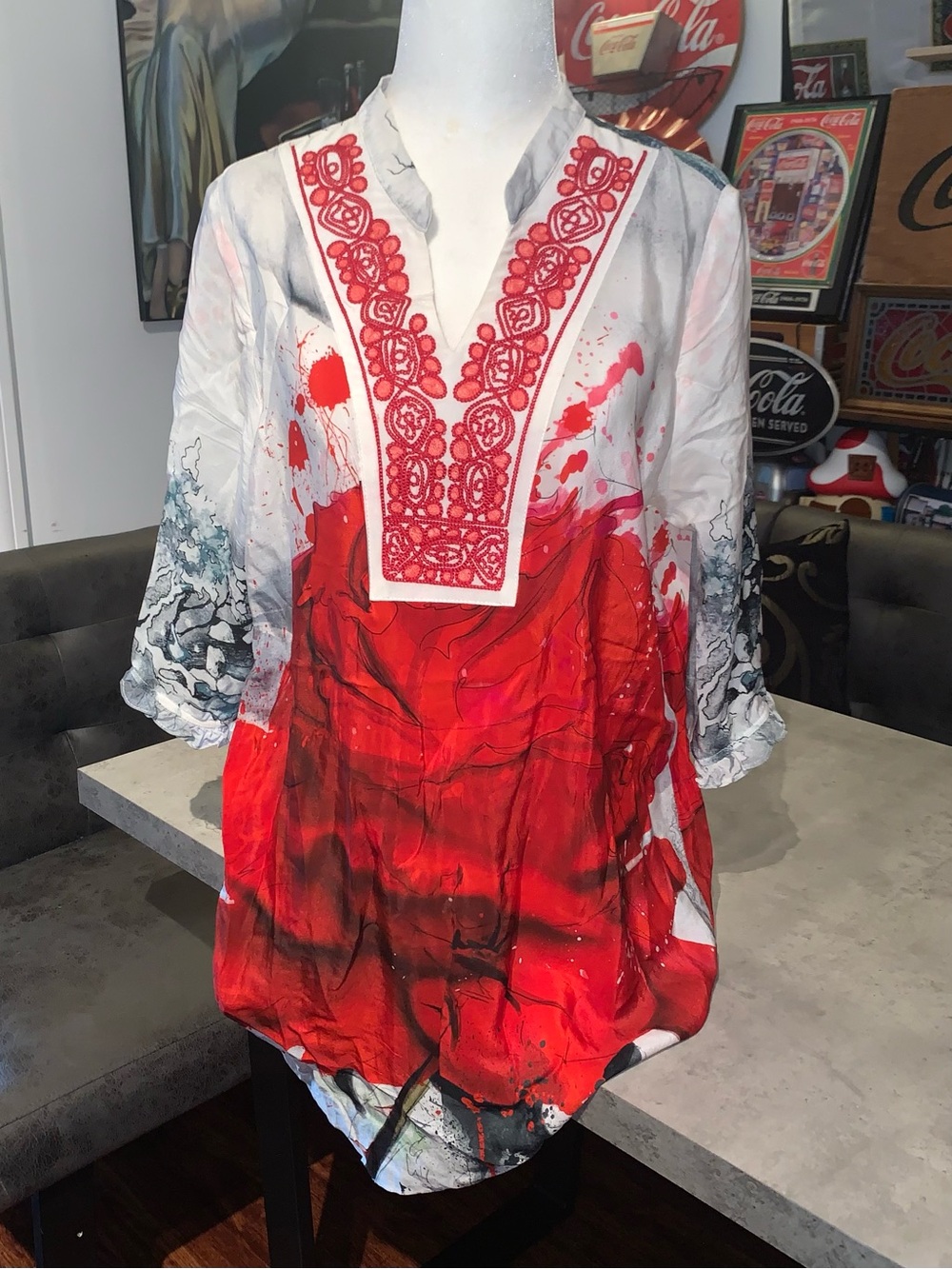 Rebeeca by Lilly Vibrant Red & White Embroidered 100% Silk Tunic – Size Large